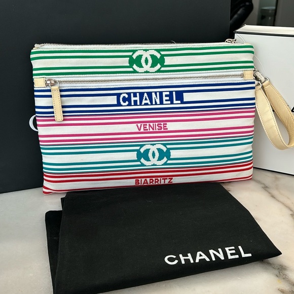 CHANEL Handbags - Sold—-🌟🔥 CHANEL Venise Biarritz Zip Pouch Striped
Canvas Large